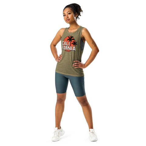 Heather Olive California Palms Womens Flowy Muscle Tank Bella+Canvas