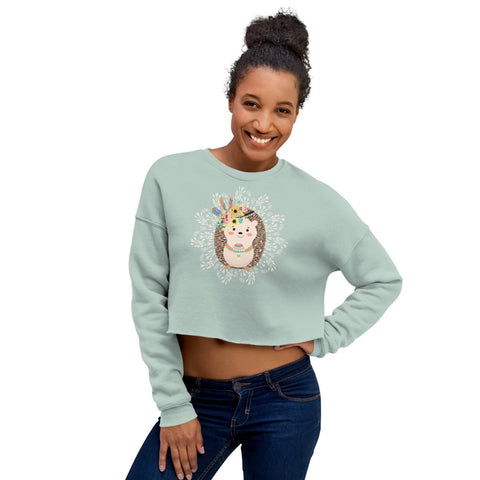 Dusty Blue Cartoon Hedgehog Women's Fleece Crop Sweatshirt Bella+Canvas