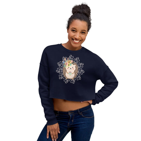 Navy Cartoon Hedgehog Women's Fleece Crop Sweatshirt Bella+Canvas