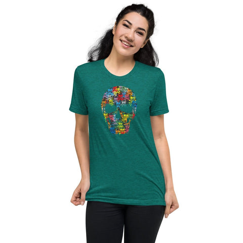 Teal Triblend Colorful Skull Unisex Triblend Short Sleeve T-Shirt Bella+Canvas