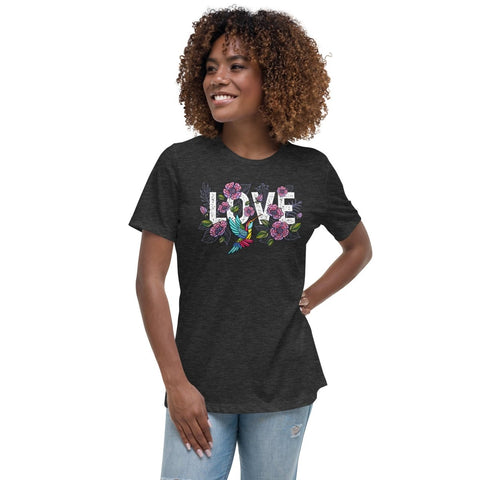 Dark Grey Heather Embroidery Style Love Women's Relaxed Jersey Tee Bella+Canvas