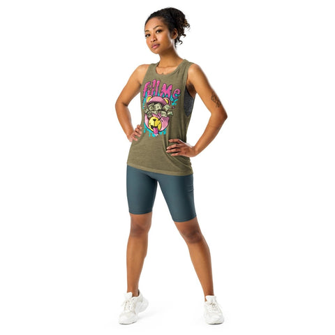 Heather Olive Fill Me Teddy Bear Womens Flowy Muscle Tank Bella+Canvas