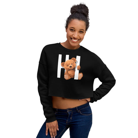 Black Hi Teddy Bear Women's Fleece Crop Sweatshirt Bella+Canvas