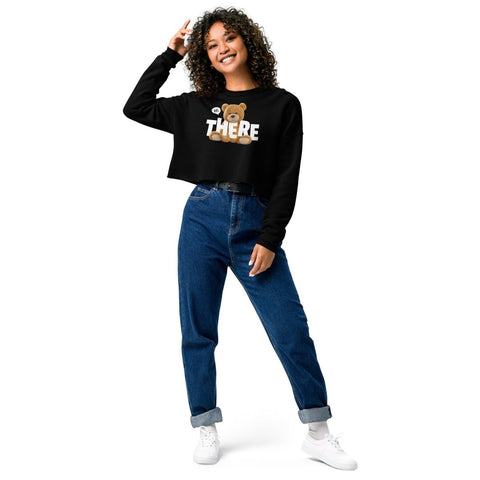 Black Hi There Teddy Bear Women's Fleece Crop Sweatshirt Bella+Canvas