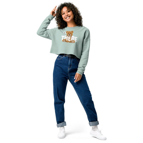 Dusty Blue Hi There Teddy Bear Women's Fleece Crop Sweatshirt Bella+Canvas