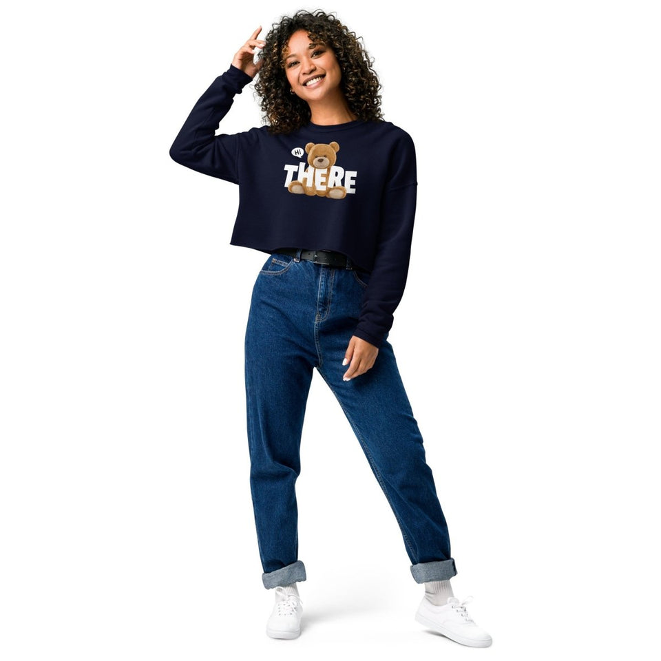 Navy Hi There Teddy Bear Women's Fleece Crop Sweatshirt Bella+Canvas