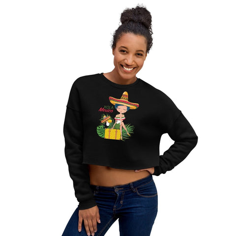 Black Hola Mexico Women's Fleece Crop Sweatshirt Bella+Canvas