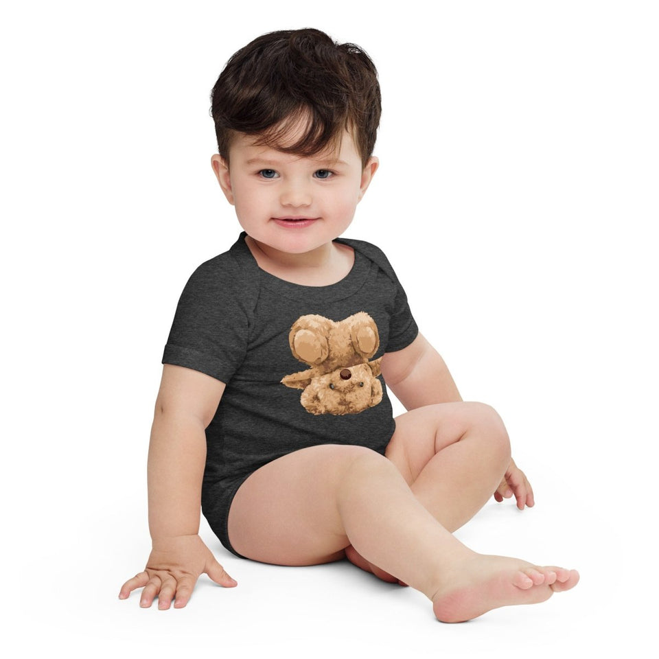 Dark Grey Heather Inverted Teddy Bear Baby Short Sleeve One Piece Bella+Canvas