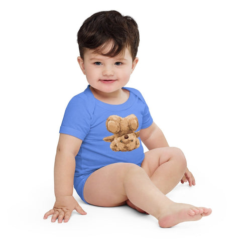 Heather Columbia Blue Inverted Teddy Bear Baby Short Sleeve One Piece Bella+Canvas