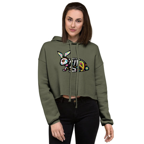 Military Green Mexican Festive Rabbit Womens Fleece Crop Hoodie Bella+Canvas