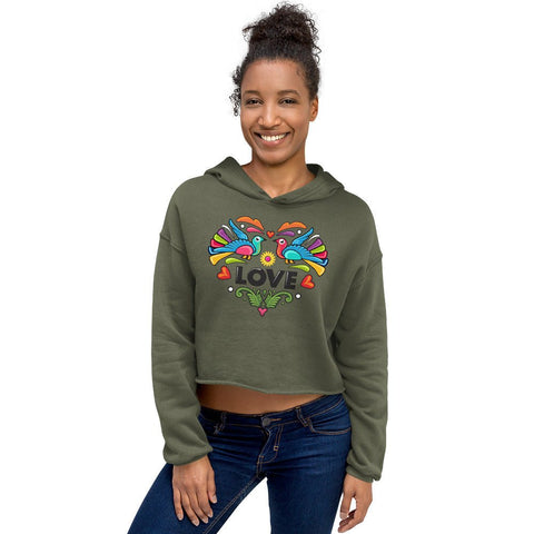 Military Green Mexican Love Womens Fleece Crop Hoodie Bella+Canvas