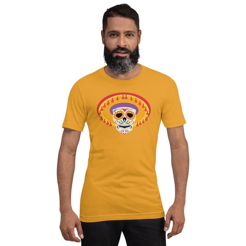 Mustard Mexican Sombrero Skull Unisex Short Sleeve Jersey T-Shirt Bella+Canvas