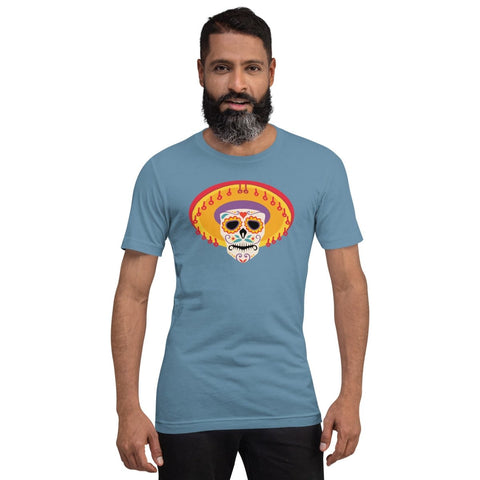 Steel Blue Mexican Sombrero Skull Unisex Short Sleeve Jersey T-Shirt Bella+Canvas