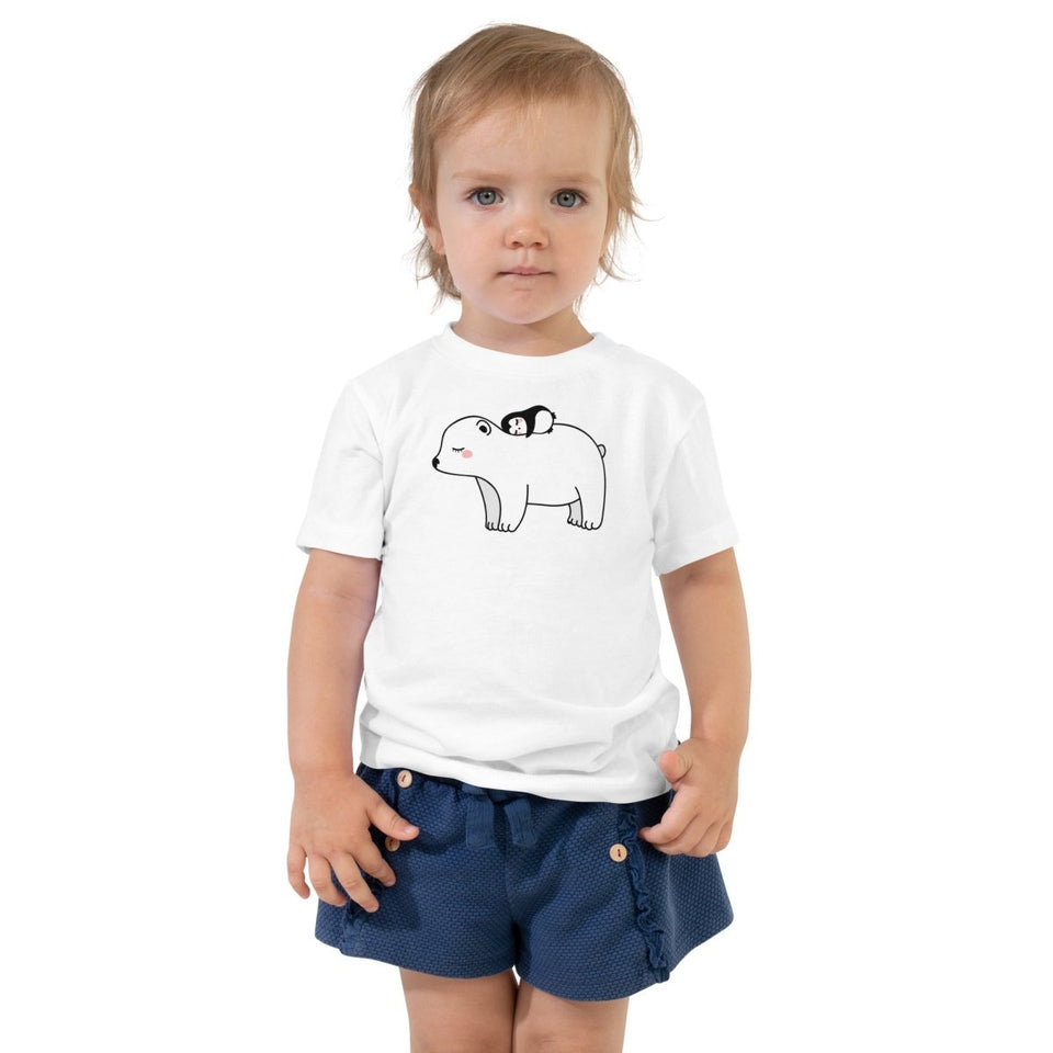 White Polar Bear With Little Penguin Toddler Short Sleeve Tee Bella+Canvas