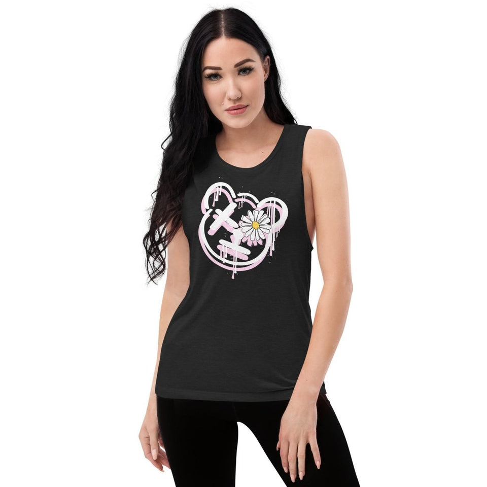 Black Heather Teddy Bear Face Emoji Women's Flowy Muscle Tank Bella+Canvas