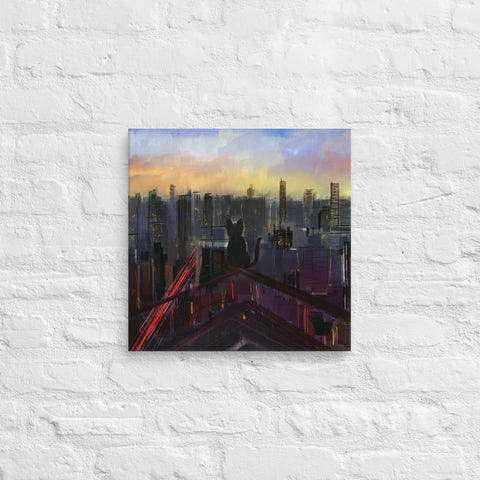 16x16 Black Cat City View Canvas Canvas Devil