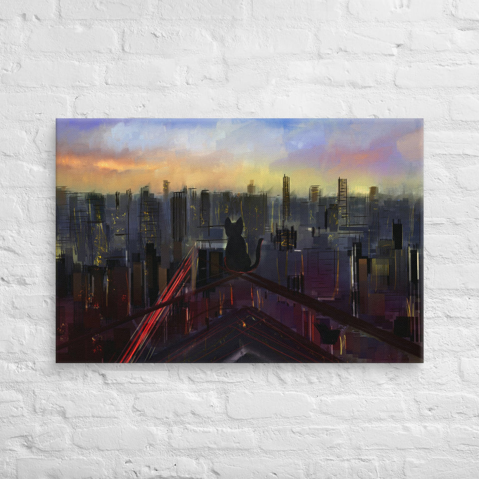 24x36 Black Cat City View Canvas Canvas Devil