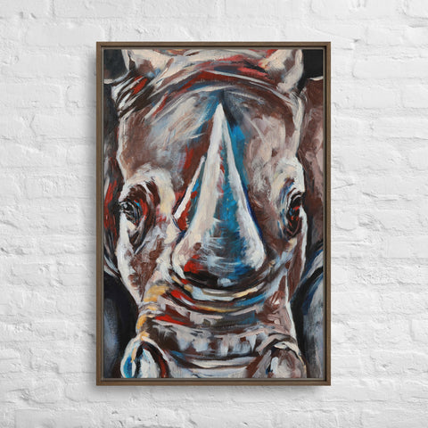 Brown Modern Expressionist Gray Rhino Framed Canvas Canvas Devil