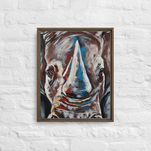 Brown Modern Expressionist Gray Rhino Framed Canvas Canvas Devil