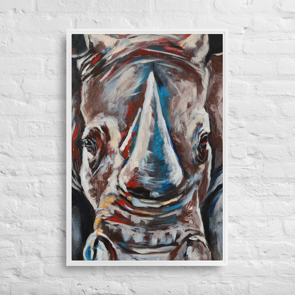 White Modern Expressionist Gray Rhino Framed Canvas Canvas Devil