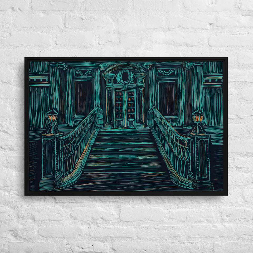 Old Building On A Dark Night Framed Canvas (Black 24x36) by Canvas Devil. Available at Canvas Devil.