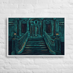 Old Building On A Dark Night Framed Canvas (White 24x36) by Canvas Devil. Available at Canvas Devil.