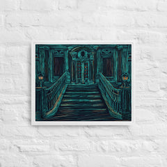 Old Building On A Dark Night Framed Canvas (White 16x20) by Canvas Devil. Available at Canvas Devil.