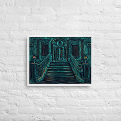 Old Building On A Dark Night Framed Canvas (White 18x24) by Canvas Devil. Available at Canvas Devil.