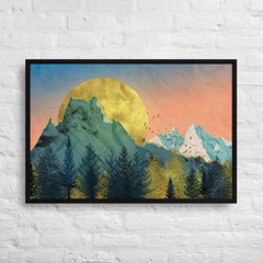 Snow In The Golden Mountains Framed Canvas (Black 24x36) by Canvas Devil. Available at Canvas Devil.