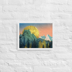 Snow In The Golden Mountains Framed Canvas (White 12x16) by Canvas Devil. Available at Canvas Devil.