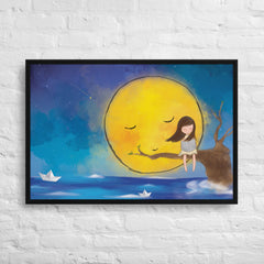 The Girl and the Moon Framed Canvas (Black 24x36) by Canvas Devil. Available at Canvas Devil.