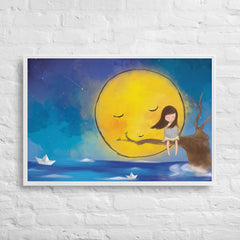 The Girl and the Moon Framed Canvas (White 24x36) by Canvas Devil. Available at Canvas Devil.