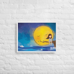 The Girl and the Moon Framed Canvas (White 18x24) by Canvas Devil. Available at Canvas Devil.