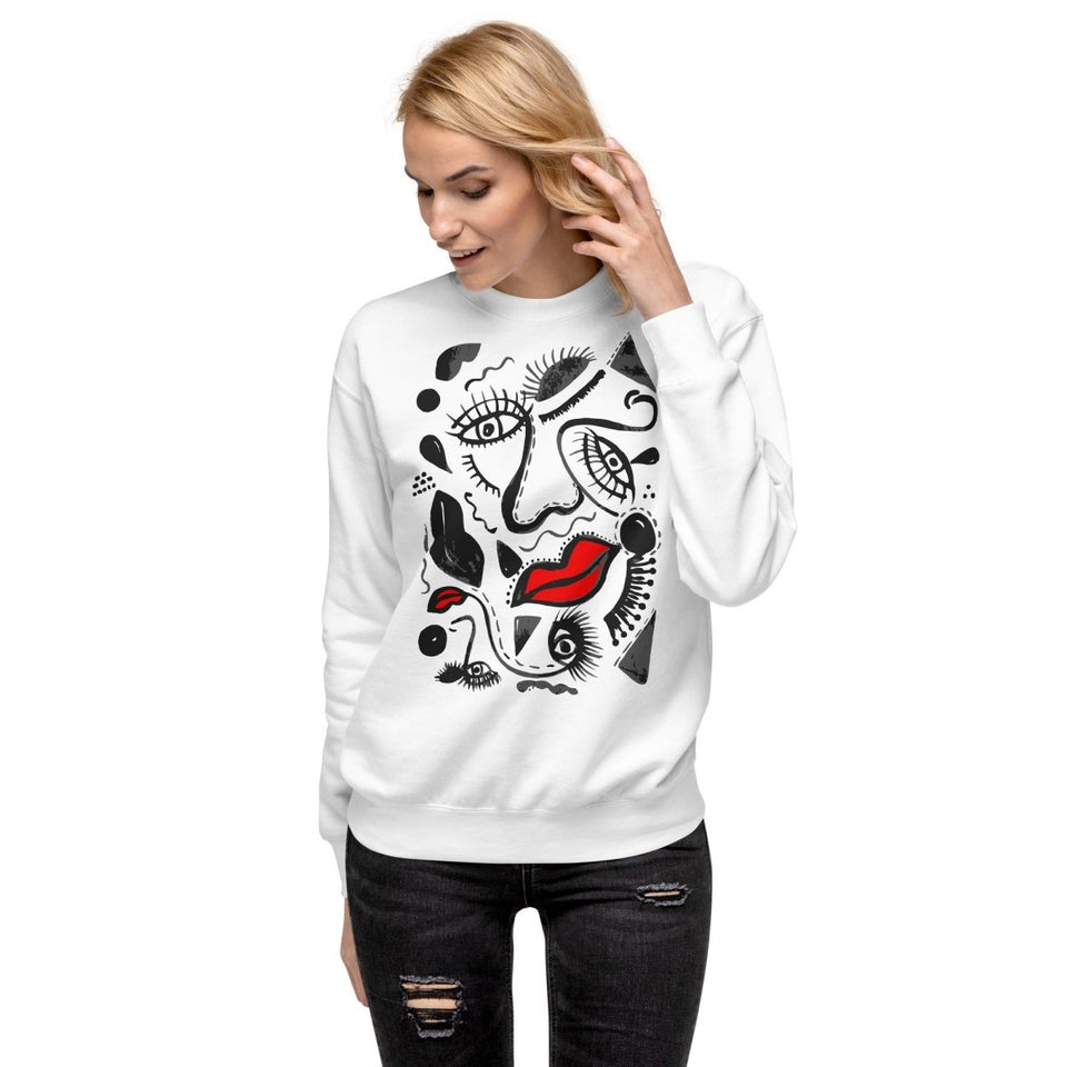 White Abstract Face Art Unisex Premium Sweatshirt Cotton Heritage