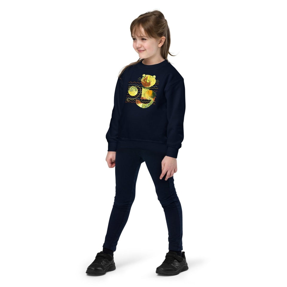 Navy Modern Art Cat Youth Crew Neck Sweatshirt Gildan