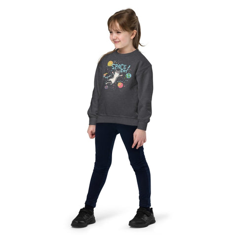 Dark Heather Space Cat Youth Crew Neck Sweatshirt Gildan