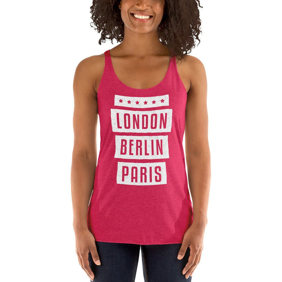 Vintage Shocking Pink London Berlin Paris Womens Racerback Tank Top Next Level