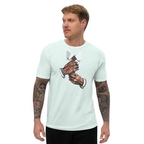 Light Blue Tattooed Hands Adjusting Tie Mens Fitted T-Shirt Next Level