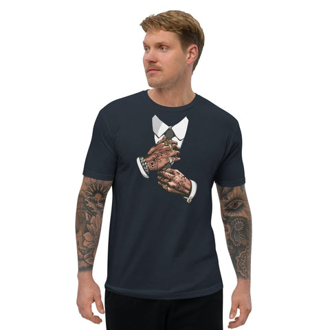 Midnight Navy Tattooed Hands Adjusting Tie Mens Fitted T-Shirt Next Level