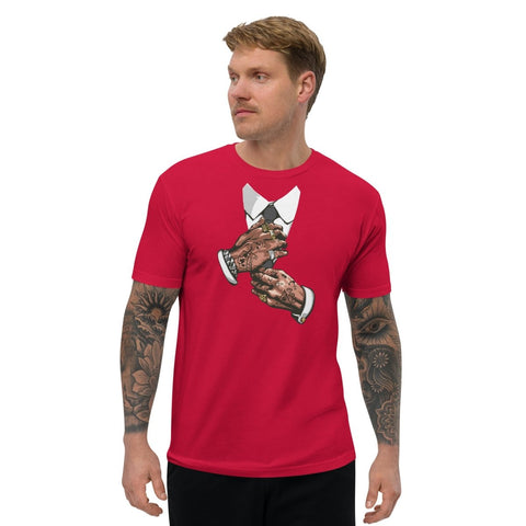 Red Tattooed Hands Adjusting Tie Mens Fitted T-Shirt Next Level